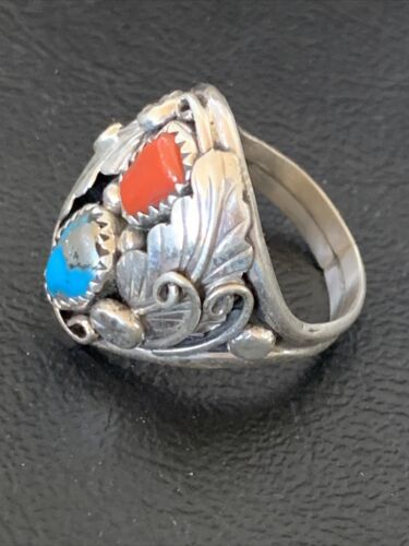 Navajo Feather Ring with Blue Kingman Turquoise, Coral, and Multi-Stone | Authentic Native American Sterling Silver | Sz 11 | 12216