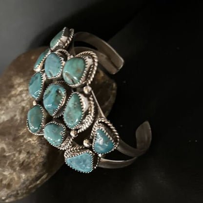 Men's Sterling Silver Cuff Bracelet | Blue Kingman Turquoise Cluster | Authentic Native American Handmade | 14596