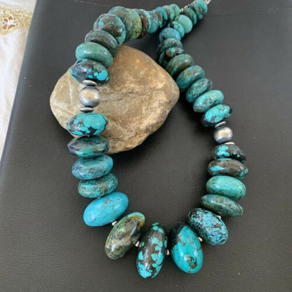 Navajo Sterling Silver & Blue Turquoise Graduated Necklace | Authentic Native American | 24" | 01842