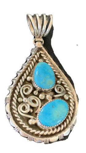 Navajo Blue Turquoise Cluster Pendant | Sterling Silver | 3" | Authentic Native American Handmade | 02103