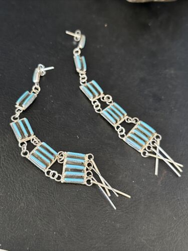 Zuni Kingman Turquoise Needle Point Dangle Earrings | Sterling Silver | Authentic Native American Handmade | 14409