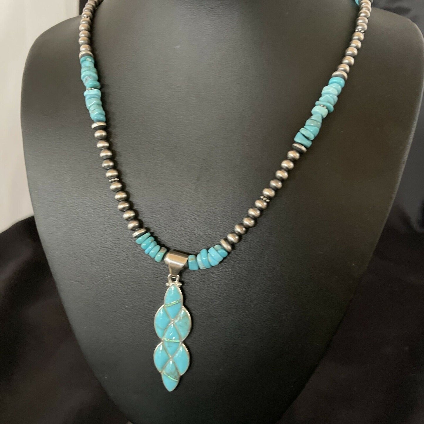 Authentic Native American Navajo Sterling Silver Pendant | Blue Turquoise & Opal Inlay Necklace | 11329