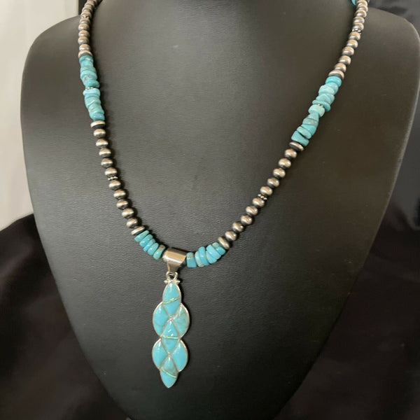 Authentic Native American Navajo Sterling Silver Pendant | Blue Turquoise & Opal Inlay Necklace | 11329