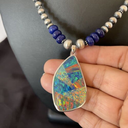 Men's Sterling Silver Necklace | Blue Lapis Bead | Opal Inlay Pendant | 10583