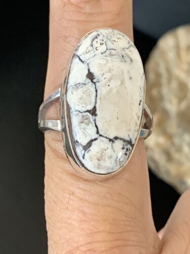 Navajo White Buffalo Turquoise Ring | Sterling Silver | Sz 8 | Authentic Native American Handmade | 01700
