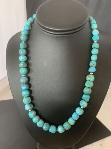Navajo Blue Turquoise Bead Necklace Pendant | Sterling Silver | Authentic Native American Handmade | 20" | 02205