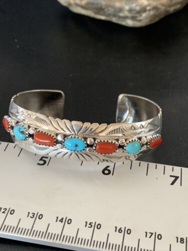 Navajo Blue Kingman Turquoise Coral Cuff Bracelet | 7 Strand | Sterling Silver | 12315