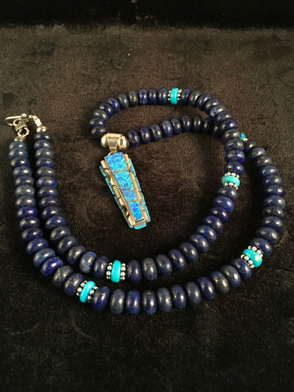 Navajo Opal, Lapis & Turquoise Inlay Pendant Necklace | Sterling Silver | Authentic Native American Handmade | 3348
