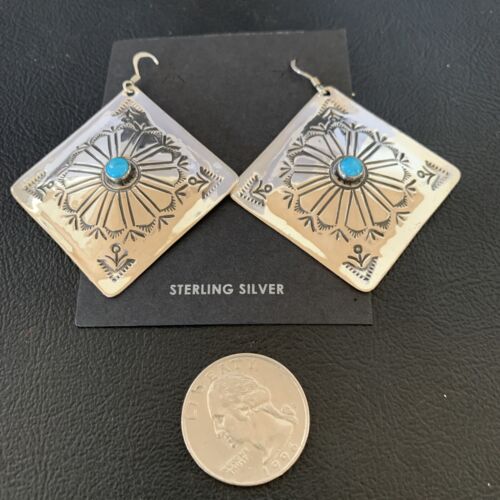 Navajo Blue Turquoise Earrings | Stamped Sterling Silver | Authentic Native American Handmade | 13369