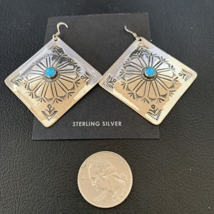 Navajo Blue Turquoise Earrings | Stamped Sterling Silver | Authentic Native American Handmade | 13369