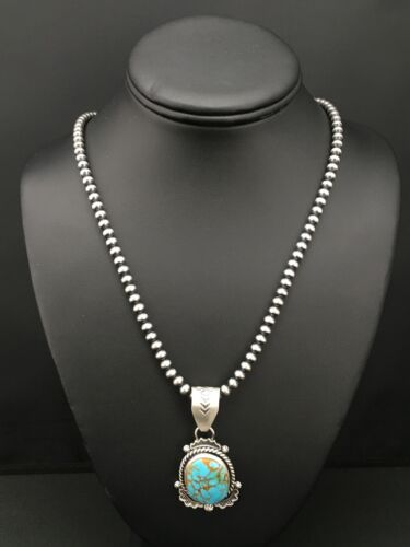 Navajo Sterling Silver Necklace | Spiderweb Turquoise Pendant | 2.25" | Authentic Native American Handmade | 13918