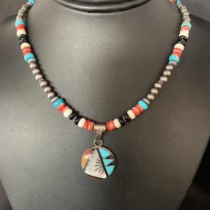 Zuni Multi-Color Turquoise Onyx Necklace | Sterling Silver Inlay Pendant | Native American Handmade | 13564