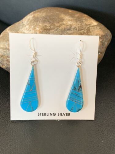 Navajo Sterling Silver Blue Turquoise Inlay Dangle Drop Earrings | 1.5" | Authentic Native American Handmade | 12311