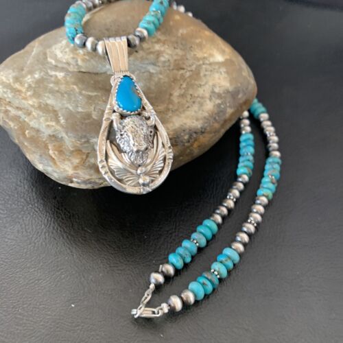 Navajo Pearl Necklace with Blue Turquoise Bullhead Pendant | Authentic Native American Sterling Silver | Multi-Stone | 11755