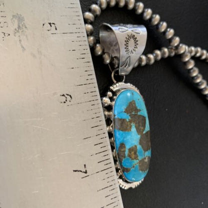 Navajo Pearls Necklace with Blue Kingman Turquoise Pendant | Sterling Silver | Authentic Native American Handmade | 10766