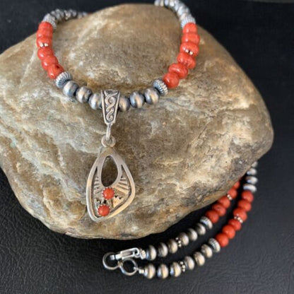 Native American Navajo Red Coral Pendant Necklace | Sterling Silver | 13842
