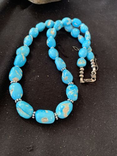 Navajo Sleeping Beauty Turquoise Beads Necklace | Sterling Silver Pearls | Authentic Native American Handmade | 00800