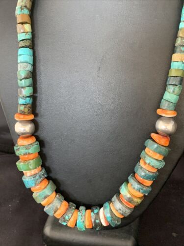 Men's XL Turquoise Heishi & Spiny Oyster Bead Necklace | Sterling Silver | 23" | Authentic Native American | 13977