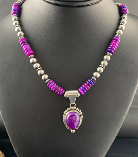 Women's Navajo Necklace with Purple Sugilite Pendant | Sterling Silver | Authentic Native American Handmade | 1628