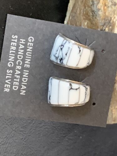 Navajo White Buffalo Turquoise Inlay Earrings | Sterling Silver | 0.50" | Authentic Native American Handmade | 12997