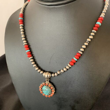 Southwestern Navajo Multi-Stone Necklace | Turquoise Coral Pendant | Sterling Silver | 21" | 12581