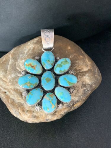 Navajo Blue Sonoran Gold Turquoise Cluster Pendant | Authentic Native American Sterling Silver | Multi-Stone | 14071