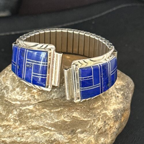 Authentic Navajo Men's Wristwatch | Blue Lapis Lazuli Inlay | Sterling Silver Tips | Native American Jewelry | 14396