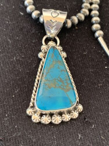 Navajo Pearls Sterling Silver Blue Spiderweb Turquoise Necklace Pendant | Men's Southwestern | 00861
