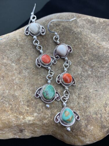 Navajo Spiny, Turquoise & Howlite Dangle Earrings | Sterling Silver | Authentic Native American Handmade | 1616