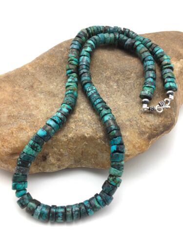 Native American Green Turquoise Heishi Bead Necklace | 10mm Sterling Silver | 20" | 4357