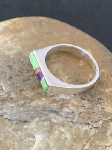 Southwestern Navajo Green Gaspeite Sugilite Red Coral Inlay Ring | Sz 7 | 02255