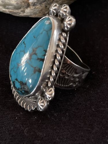Navajo Blue Spiderweb Turquoise Ring | Sterling Silver | Sz 7.5 | Authentic Native American Handmade | 1068