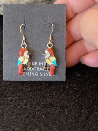 Native American Zuni Parakeet Bird Earrings | Sterling Silver Coral Turquoise | Handmade | 1713