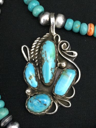 Navajo Blue Turquoise and Spiny Oyster Multi-Stone Pendant Necklace | Authentic Native American Sterling Silver | 21" | 4886 - Masha USA