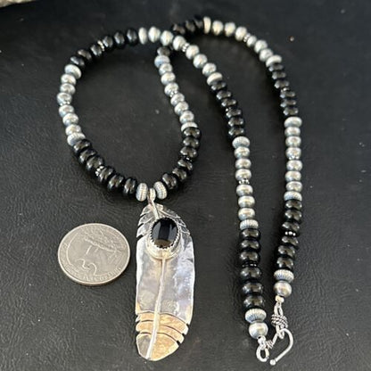 Navajo Pearls Black Onyx Necklace Pendant | Sterling Silver | Authentic Native American Handmade | 14626