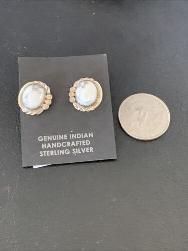 Navajo Sterling Silver White Howlite Oval Earrings | 0.50" | Authentic Native American Handmade | 13374