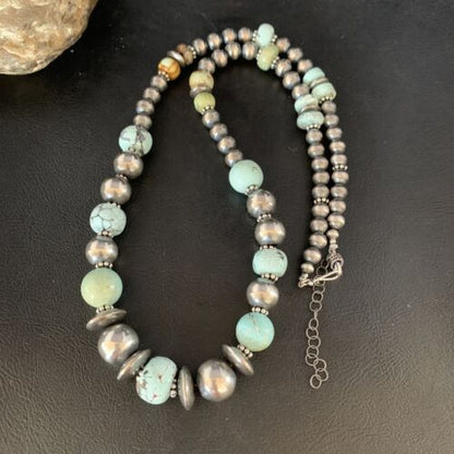 Dry Creek Turquoise Navajo Pearls Beaded Necklace | Sterling Silver | 25" | Authentic Native American Handmade | 14103 - Masha USA