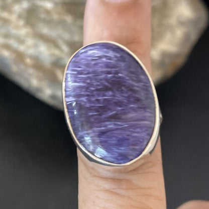 Navajo Women's Oval Purple Charoite Ring | Sterling Silver | Sz 8 Adjustable | Authentic Native American Handmade | 10567