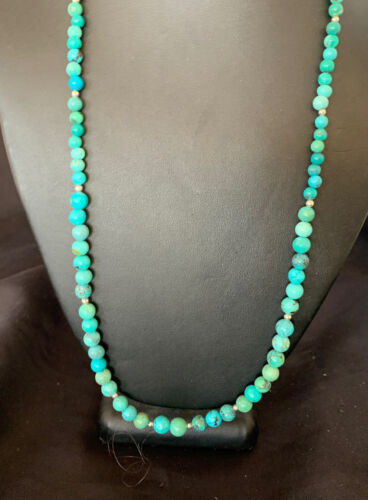 Navajo Women's | Natural Blue Turquoise Bead Necklace | Sterling Silver | 25" | Authentic Native American Handmade | 11664