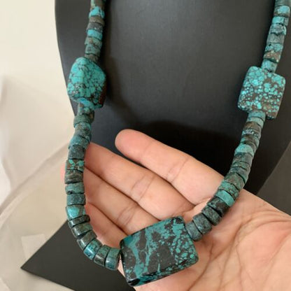 Native American Rustic Turquoise Nugget Heishi Bead Necklace | Sterling Silver | 22" | 01397