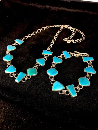 Navajo Sterling Silver Inlay Blue Turquoise Necklace & Bracelet Set | Old Pawn Jewelry | Authentic Native American Handmade | 8741