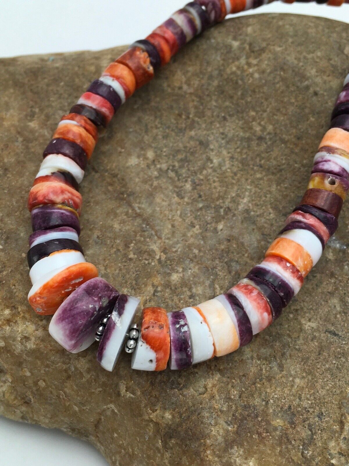 Orange Purple Spiny Oyster Sterling Silver Navajo Necklace Set | Graduated | Authentic Native American Handmade | 20" | 2777
