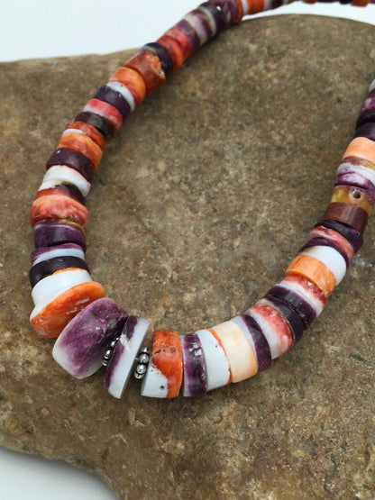 Orange Purple Spiny Oyster Sterling Silver Navajo Necklace Set | Graduated | Authentic Native American Handmade | 20" | 2777