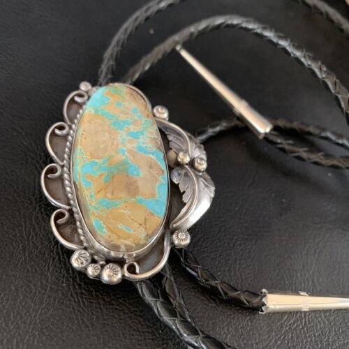 Navajo Green Royston Turquoise Bolo Tie | Sterling Silver | Authentic Native American Handmade | 14106