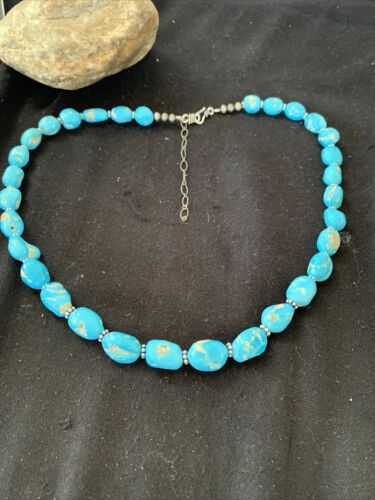 Navajo Sleeping Beauty Turquoise Beads Necklace | Sterling Silver Pearls | Authentic Native American Handmade | 00800