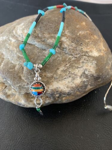 Girls Multi-Color Liquid Silver Heishi Pendant | Inlay | Sterling Silver Leaf Inlay | 02047