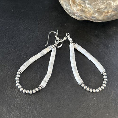 Navajo White Howlite Heishi Dangle Earrings | Sterling Silver | 2" | Authentic Native American Handmade | 14480
