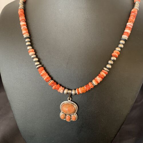 Navajo Pearl Necklace with Red Apple Coral, Spiny Oyster Pendant | Authentic Native American Sterling Silver | Multi-Stone | 12390