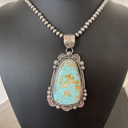 Navajo Royston Turquoise Pendant Necklace | Sterling Silver | Authentic Native American Handmade | 01365