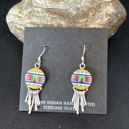 Navajo Multi-Color Turquoise Inlay Earrings | Sterling Silver | Authentic Native American Handmade | 14654